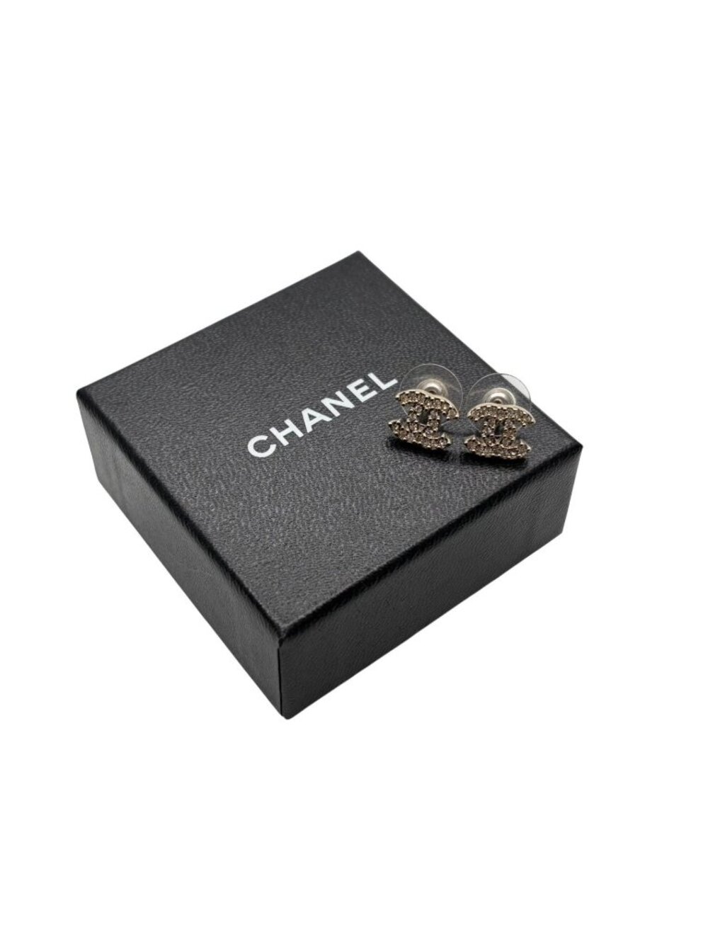 Chanel CC Logo Earrings Rhinestone Metal Gold Plated Clear